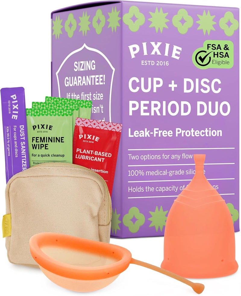 Pixie Cup Pixie Menstrual Cup & Disc Duo for Feminine Care - Ranked 1 for Most Comfortable Reusable Period Cup & Disc - Buy One We Give One - Includes Ebook Guide, Flushable Wipes, Lube, Sanitizer & Storage Bag - Image 1